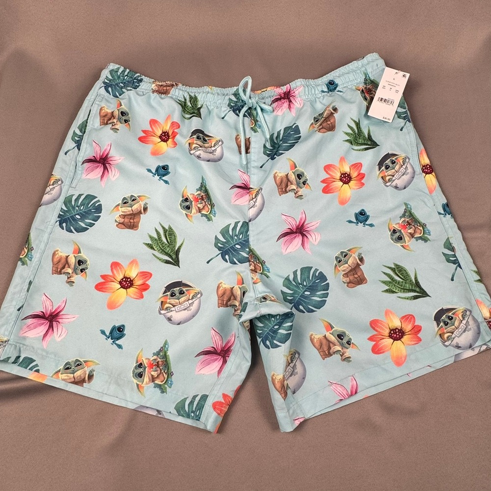 Star Wars Grogu Swim Trunks Mens Large Turquoise Blue Baby Yoda Tropical Floral